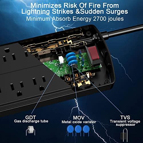 NuetsaSurge Protector Power Strip - Nuetsa Flat Plug Extension Cord with 8 Outlets and 4 USB Ports, 6 Feet Power Cord (1625W/13A), 2700 Joules, ETL Listed, Black - GEAR4EVER