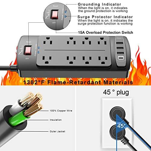 NuetsaSurge Protector Power Strip - Nuetsa Flat Plug Extension Cord with 8 Outlets and 4 USB Ports, 6 Feet Power Cord (1625W/13A), 2700 Joules, ETL Listed, Black - GEAR4EVER
