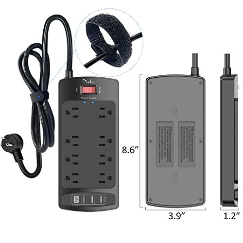 NuetsaSurge Protector Power Strip - Nuetsa Flat Plug Extension Cord with 8 Outlets and 4 USB Ports, 6 Feet Power Cord (1625W/13A), 2700 Joules, ETL Listed, Black - GEAR4EVER