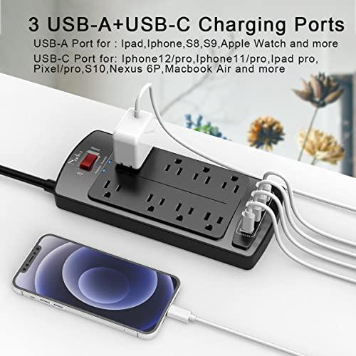 NuetsaSurge Protector Power Strip - Nuetsa Flat Plug Extension Cord with 8 Outlets and 4 USB Ports, 6 Feet Power Cord (1625W/13A), 2700 Joules, ETL Listed, Black - GEAR4EVER