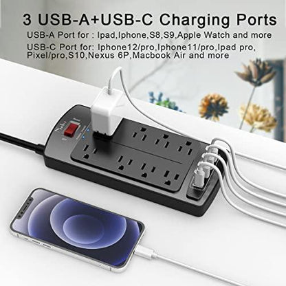 NuetsaSurge Protector Power Strip - Nuetsa Flat Plug Extension Cord with 8 Outlets and 4 USB Ports, 6 Feet Power Cord (1625W/13A), 2700 Joules, ETL Listed, Black - GEAR4EVER