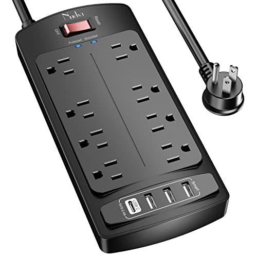 NuetsaSurge Protector Power Strip - Nuetsa Flat Plug Extension Cord with 8 Outlets and 4 USB Ports, 6 Feet Power Cord (1625W/13A), 2700 Joules, ETL Listed, Black - GEAR4EVER