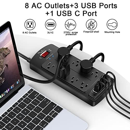 NuetsaSurge Protector Power Strip - Nuetsa Flat Plug Extension Cord with 8 Outlets and 4 USB Ports, 6 Feet Power Cord (1625W/13A), 2700 Joules, ETL Listed, Black - GEAR4EVER
