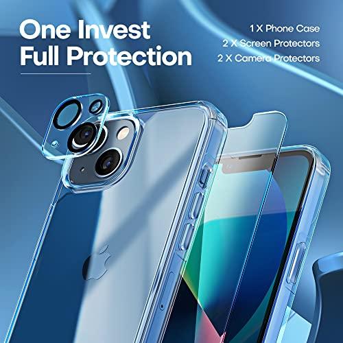 TAURITAURI 5 in 1 Designed for iPhone 13 Case Clear, [Not-Yellowing] with 2X Tempered Glass Screen Protector + 2X Camera Lens Protector, [Military-Grade Drop Tested] Shockproof Slim Phone Case 6.1 inch - GEAR4EVER