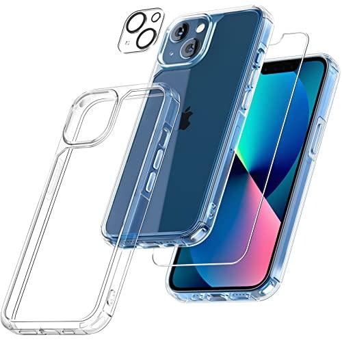 TAURITAURI 5 in 1 Designed for iPhone 13 Case Clear, [Not-Yellowing] with 2X Tempered Glass Screen Protector + 2X Camera Lens Protector, [Military-Grade Drop Tested] Shockproof Slim Phone Case 6.1 inch - GEAR4EVER