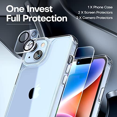TAURITAURI 5 in 1 Designed for iPhone 14 Case Clear, [Not Yellowing] with 2X Screen Protectors + 2X Camera Lens Protectors, [Military Grade Drop Protection] Shockproof Slim 14 Cover 6.1 Inch - GEAR4EVER