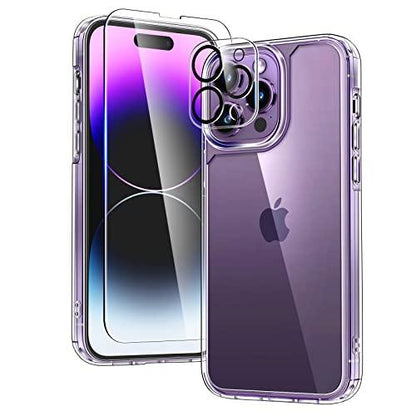 TAURITAURI for iPhone 14 Pro Max Case, [5 in 1] 1X Clear Case [Not-Yellowing] with 2X Tempered Glass Screen Protector + 2X Camera Lens Protector, [Military-Grade Drop Protection] Phone Case 6.7 Inch - GEAR4EVER