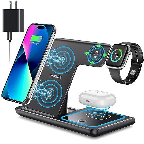YOXINTAWireless Charger, 3 in 1 Wireless Charging Station, Fast Wireless Charger Stand for iPhone 14/13/12/11/Pro/Max/XS/XR/X/8/Plus, for Apple Watch 8/7/6/5/4/3/2/SE, for AirPods 3/2/Pro(Black) - GEAR4EVER