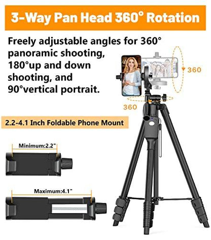 XXZUXXZU 60" Camera Tripod with Travel Bag,Cell Phone Tripod with Remote,Professional Aluminum Portable Tripod Stand with Phone Tripod Mount&1/4”Screw,Compatible with Phone/Camera/Projector/DSLR/SLR - GEAR4EVER