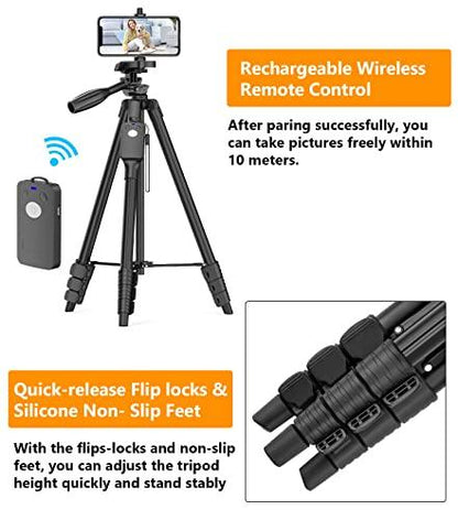 XXZUXXZU 60" Camera Tripod with Travel Bag,Cell Phone Tripod with Remote,Professional Aluminum Portable Tripod Stand with Phone Tripod Mount&1/4”Screw,Compatible with Phone/Camera/Projector/DSLR/SLR - GEAR4EVER