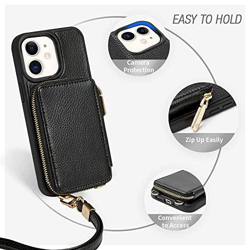 ZVEZVE iPhone 11 Wallet Case with Card Holder, Phone Case Crossbody with Wrist Strap for Women, Handbag Purse Zipper Leather Cover for iPhone 11, 6.1", 2019 - Black - GEAR4EVER